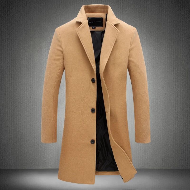 2025 Autumn Winter New Wool Men Long Cotton Coat Blend Pure Color Casual Business Fashion Slim Windbreaker Jacket Men Clothing