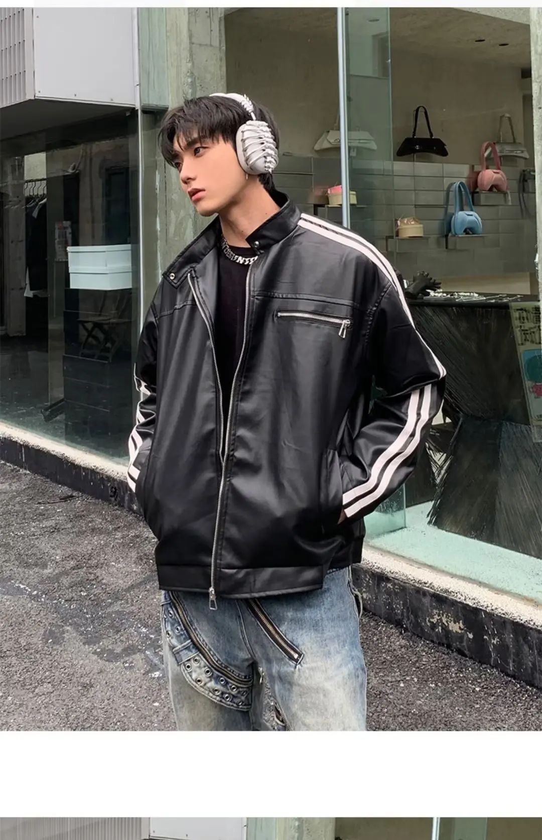 Retro Leather Jacket Men Women American Patchwork Strip Racing Outerwear Loose Hip Hop Zippers Brown PU Coat Streetwear Spring