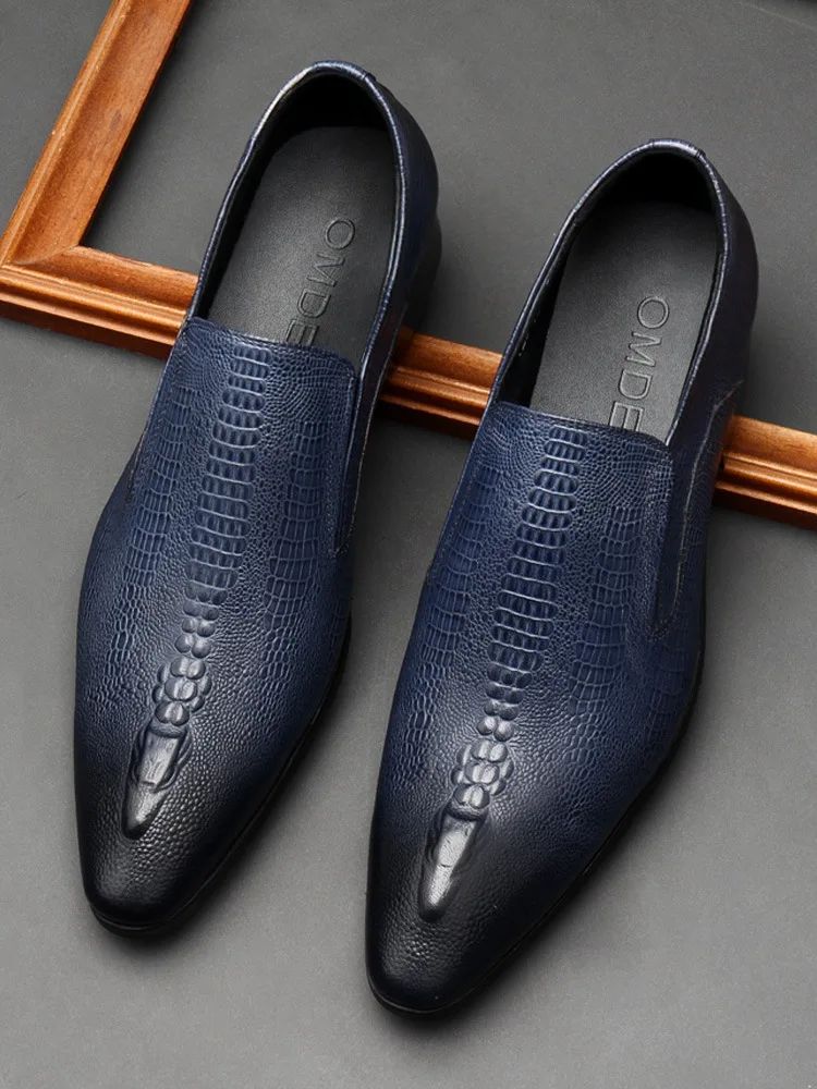 Handmade Mens Wedding Oxford Shoes Black Blue Genuine Leather Flat Dress Shoes Crocodile Pattern Summer Business Formal Loafers