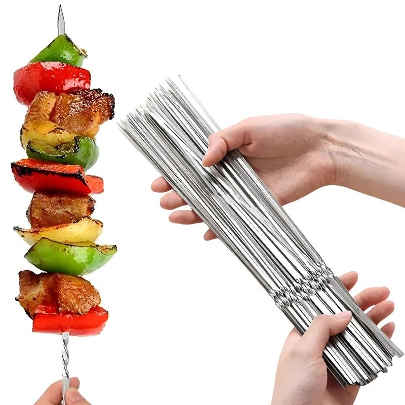 30PCS Flat metal barbecue skewers long hook stainless steel wide sharp reusable barbecue skewers set suitable for meat, shrimp
