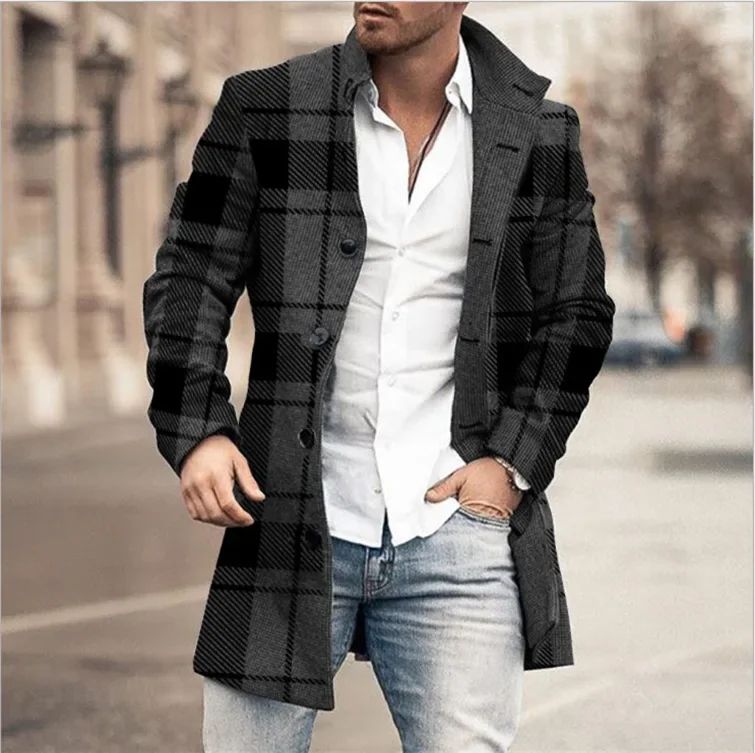 European and American Woolen Overcoat for Autumn and Winter. Korean Style Fashionable Men's Stand-up Collar Woolen Overcoat.