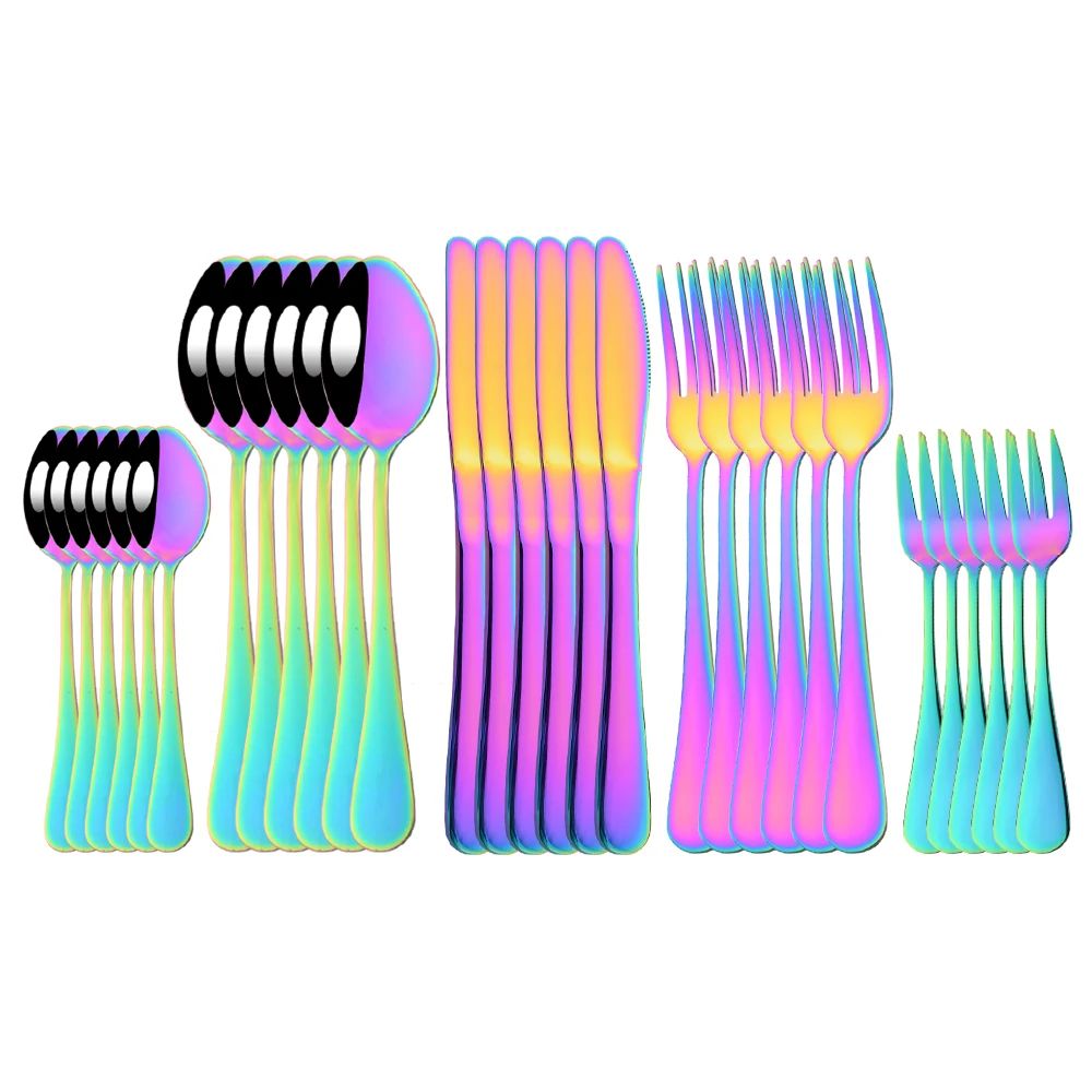 6/30Pcs Rainbow Dinnerware Stainless Steel Cutlery Set Knife Cake Fork Tea Spoon Flatware Set Kitchen Silverware Tableware Set