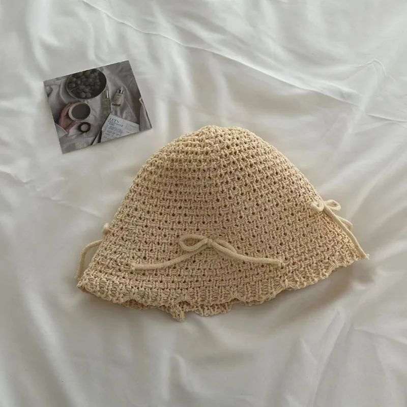 Korean Ins Bow Spring and Summer Fashion Sweet Bucket Hat Outdoor Sunshade Knitted Solid Color Straw Breathable Women Sun Hats