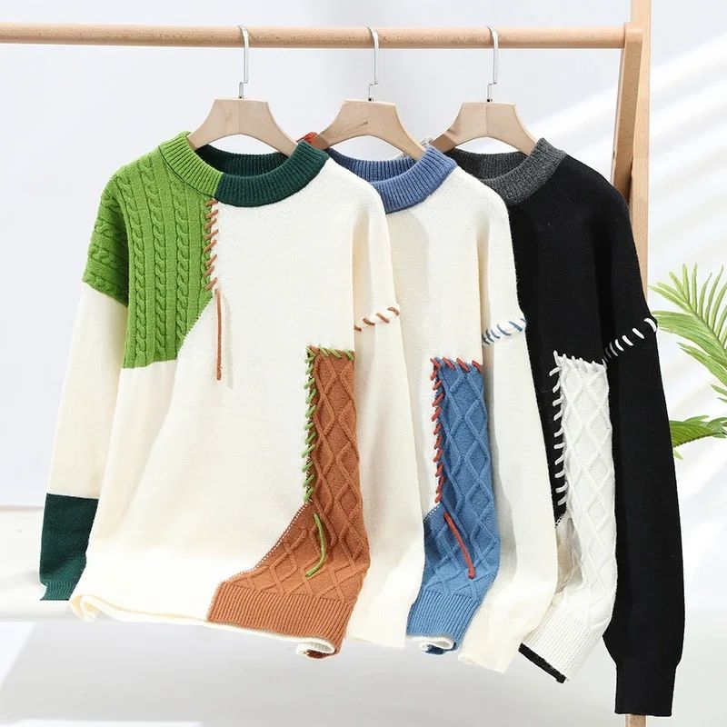 2025 New Male Patchwork Sweater Trend High Street Fashion Autumn and Winter Warm Mens Hip-hop Street Clothing Men pullover shirt