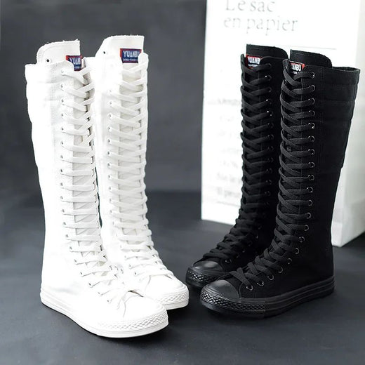Canvas Long Boots for Women High Top Women Canvas Shoes Lace Up Knee High Boots Flats Casual Vulcanized Shoes Sneakers Girls
