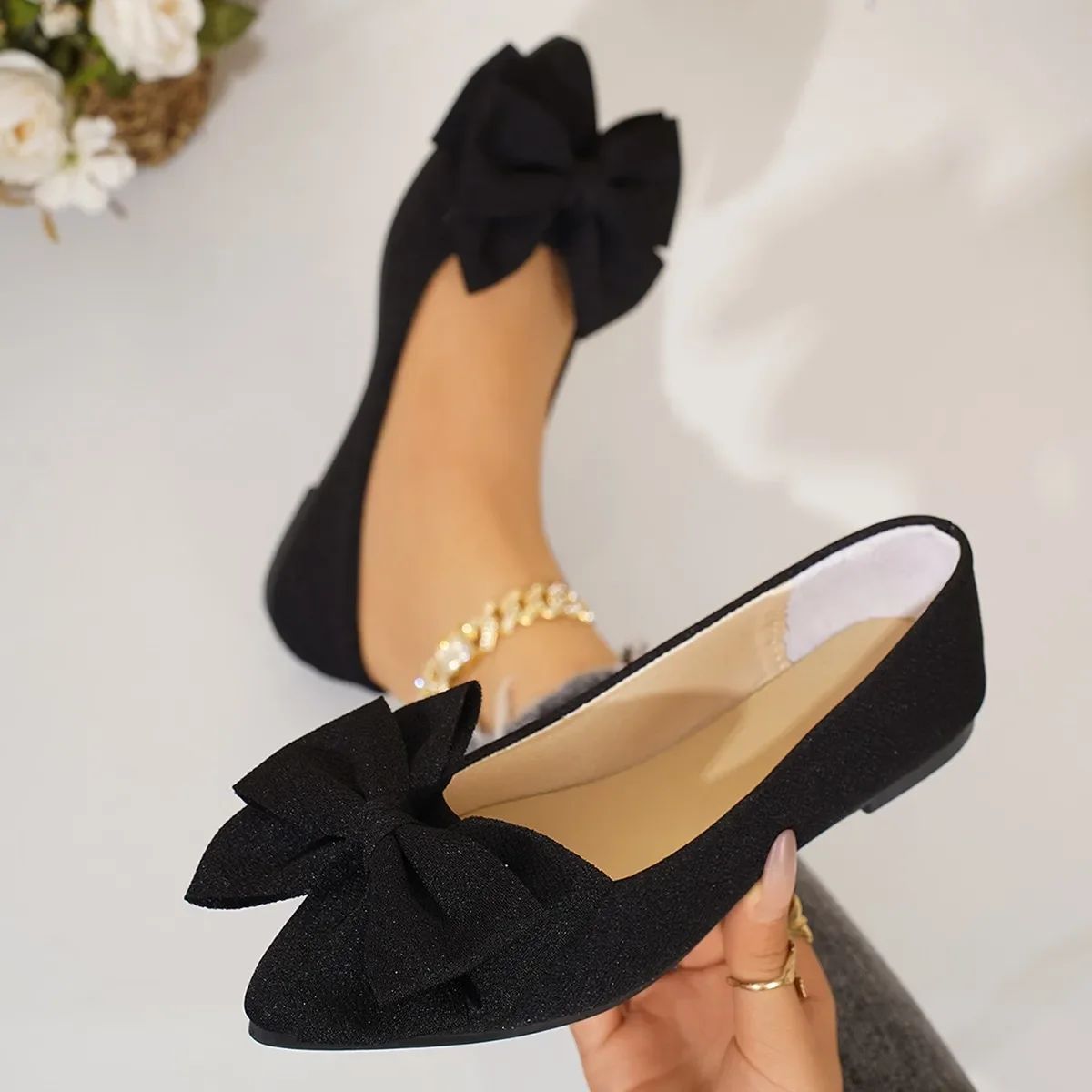 Women's Casual Flat Bottom Slip-On Shoes Spring Summer Pointed Comfortable Walking Footwear Women Bowtie Red Flats Size 43