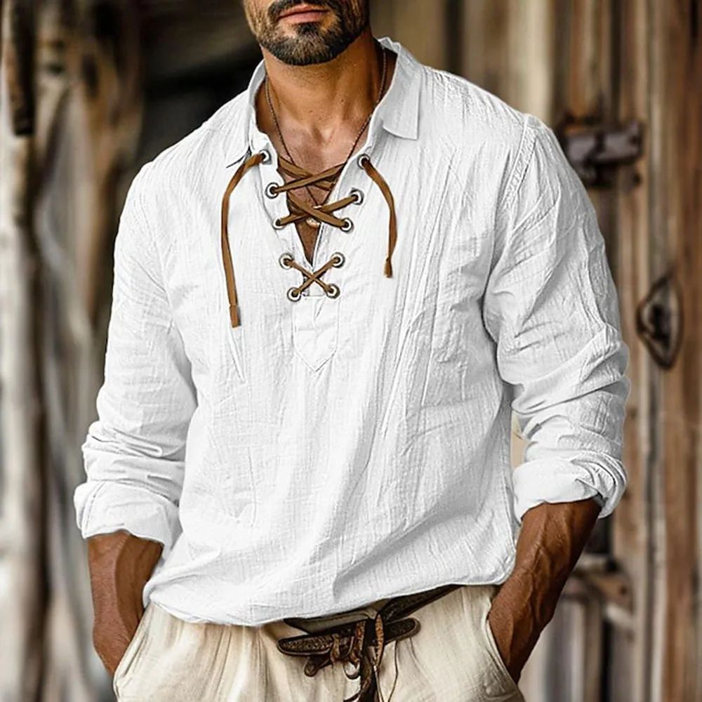2025 Men's Renaissance Shirt Pirate Medieval Viking Top Cotton Linen Shirts Casual Fashion V-neck Tie Up Long-sleeved Shirt