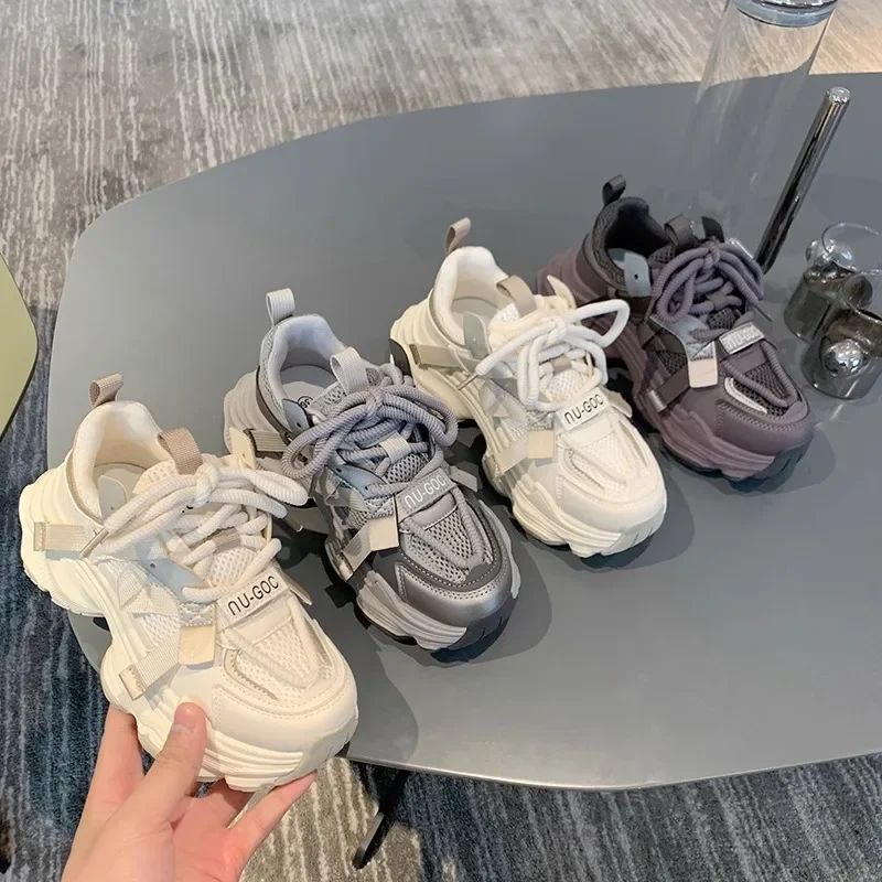 Women's Chunky Sneakers Breathable Mesh Platform Sports Shoes Woman Fashion Lace Up Thick Sole Casual Shoes Mujer