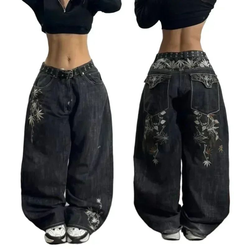 Y2K Hip-hop Stitching Fashion Joker Retro Jeans Female Korean Casual Simple Dress Essential Wide-leg Pants Loose Joker Overalls