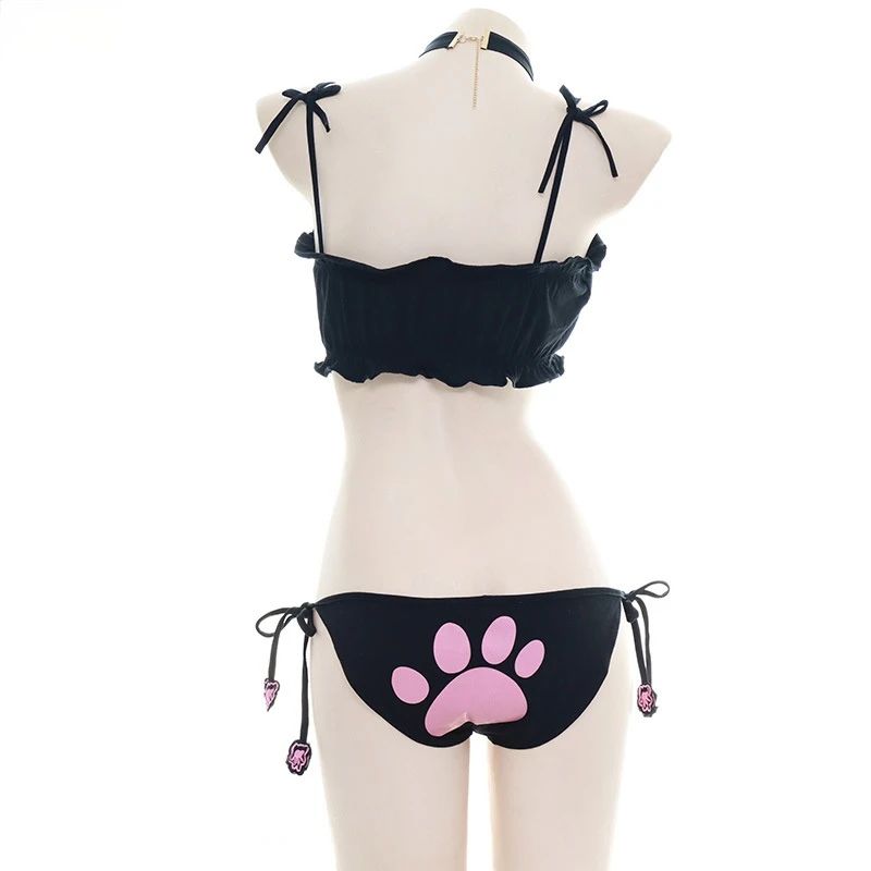 Anime Cute Cat Paw Bikini Swimsuit Costume Summer Beach Mini Lovely Cats Bell Swimwear Uniform Cosplay Cats Hollow Bra