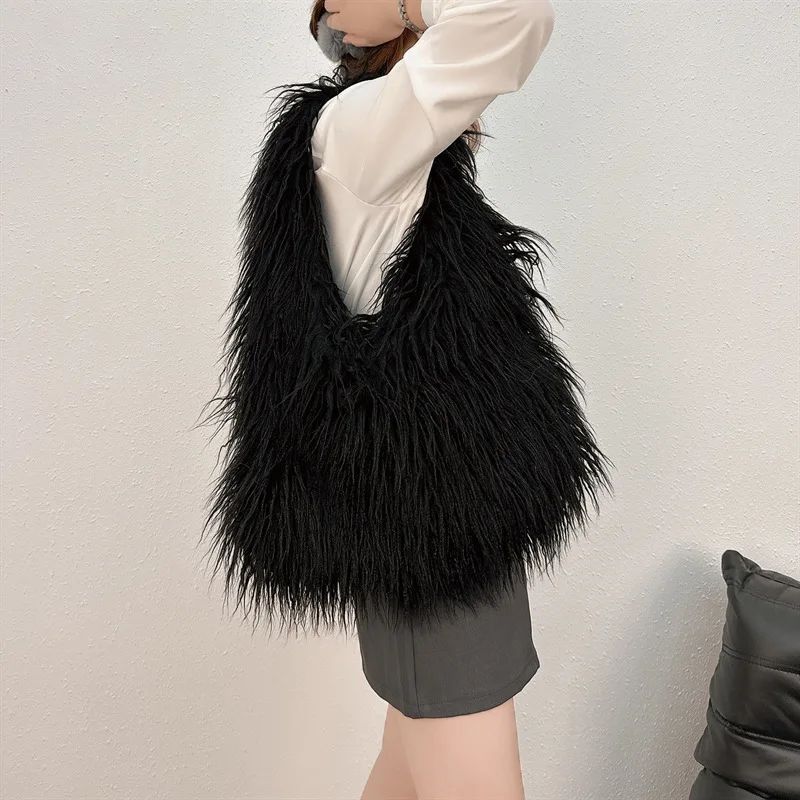 2025 NEW Wool Women's Plush Shoulder Bags Y2k Hot Girls Faux Fur Drawstring Bucket Bag Fashion Female Furry Purse Tote Handbags
