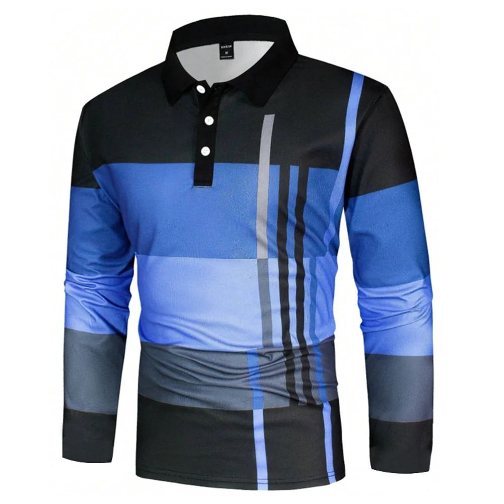 2025 autumn men's polo shirt long sleeved stand up collar patchwork printed top fashionable street casual T-shirt men's shirt