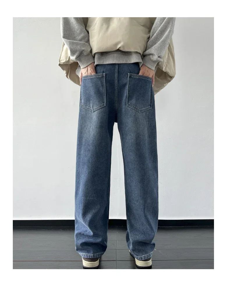 4 Colors Winter Fleece Men's Jeans Baggy Straight Elastic Waist Denim Pants Fashion Korean Thickened Warm Male Thermal Trousers