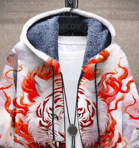 Men's Retro Print Plush Thick Long-Sleeved Coat Cardigan Tiger 3D Prined Fleece Hooded Overcoat Unisex Thick Warm Jacket