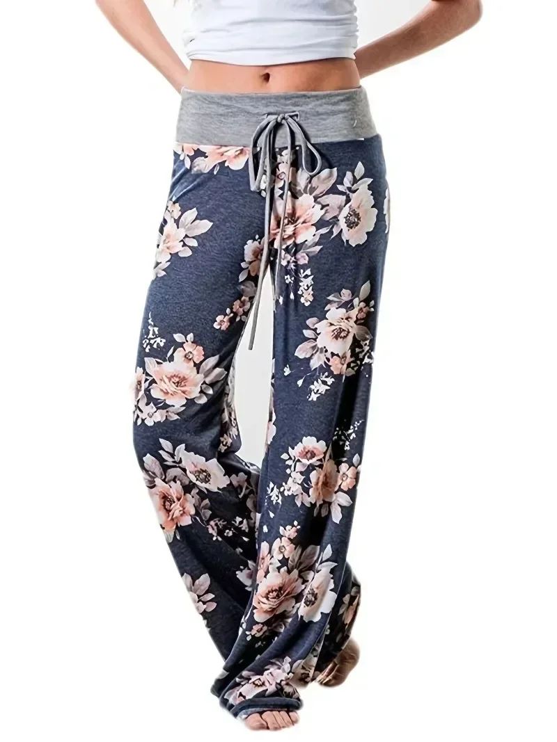 Plus Size L-8XL Fashion Women Casual Loose Stretch Printing Long Wide Leg Yoga Pants Drawstring Lounge Pants Pajama Pants
