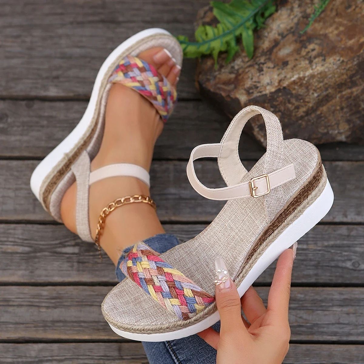 Summer Women's High Heel Sandals Heel Large Size Colorful Braided Rope Sandalias De Mujer Outdoor Versatile Zapatillas De Mujer