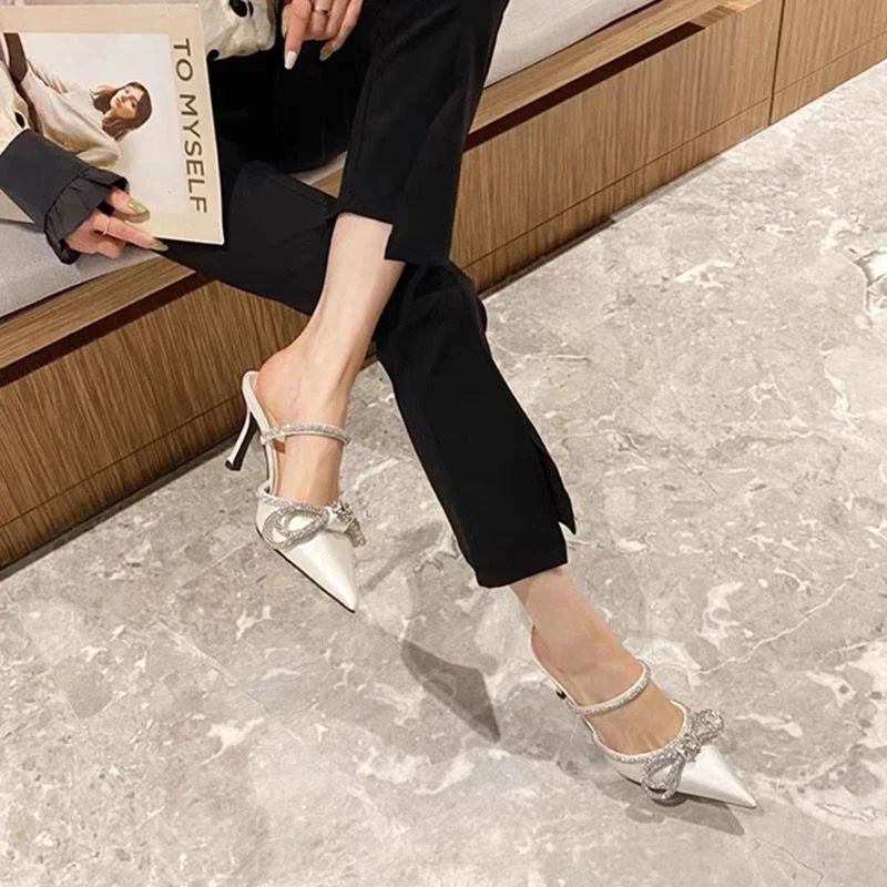Imitation Sandals and Butterfly Knot for Women, High Heels, Narrow Slippers, Party Bombs, Luxury Wedding Shoes, Summer Fashion