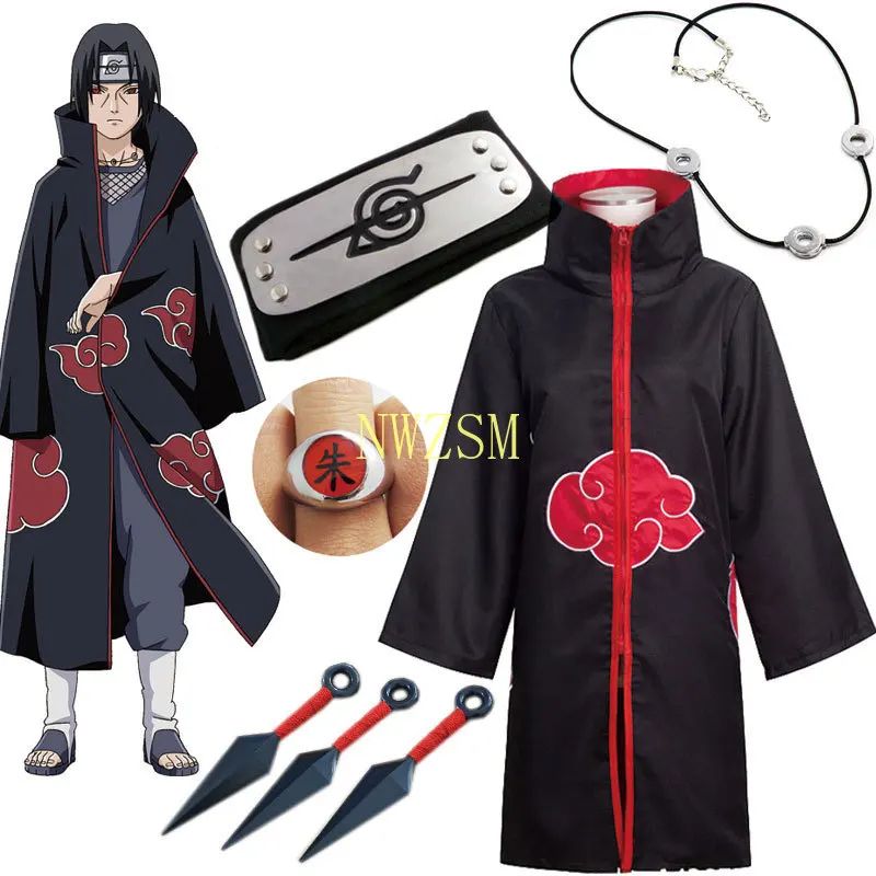 Kakashi Cosplay Costume Akatsuki Cloak Uchiha Itachi Sharingan Headband Necklace Ring Kunai Pain Halloween Costume for Men Kids
