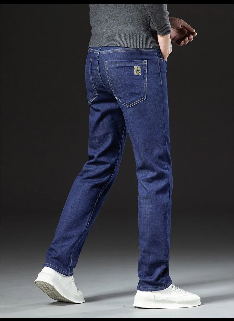 2025 New Classic Men's Business Casual Velvet Jeans Winter Chinese Embroidery Straight Loose Warm Thick Pants