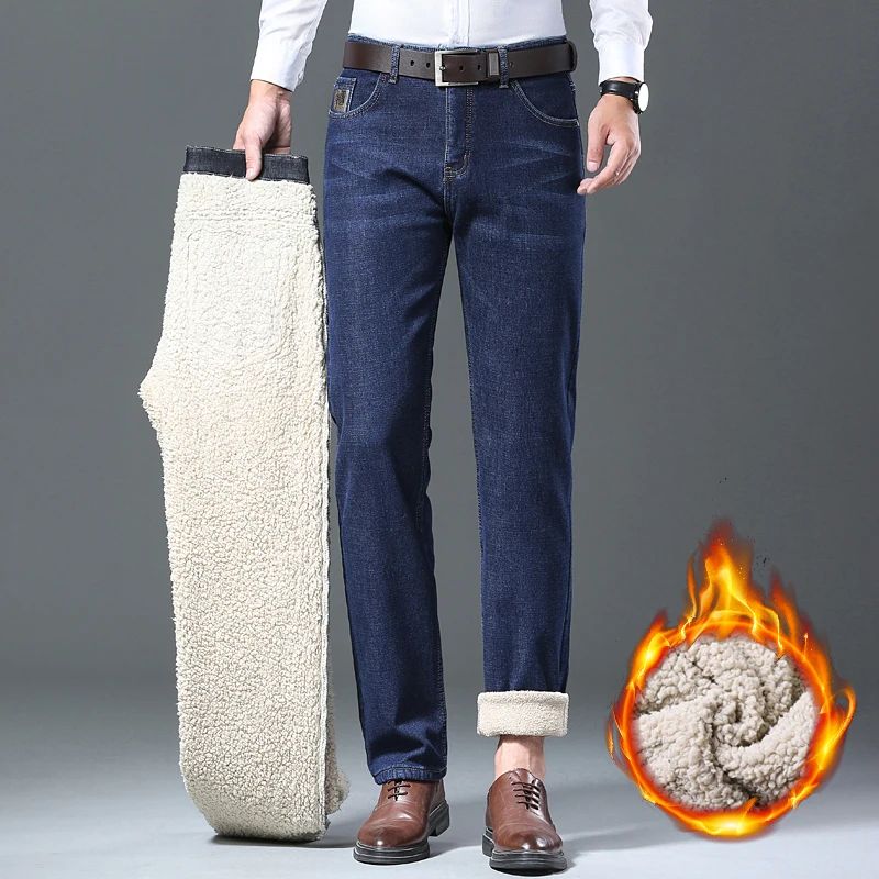 Men's Wool Velvet Jeans Winter Fleece Thickened Business Casual Straight Denim Pants Soft Cozy Thermal Stretch Trousers Male