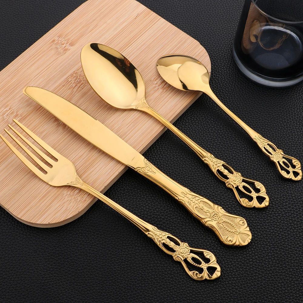 16Pcs Cutlery Sets Vintage Stainless Steel Tableware Dinner Knife Fork Dessert Spoon Dinnerware Set Kitchen Flatware