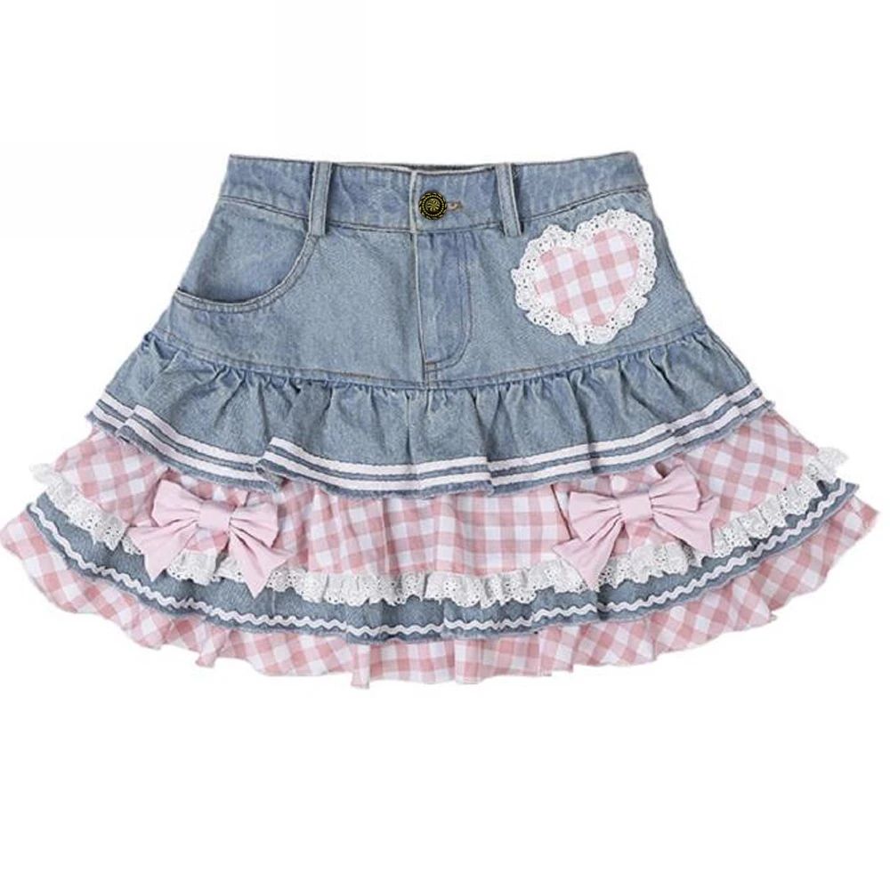 Preppy Style Lolita Kawaii Skirts Japanese Sweet Mini Women Harajuku Cute Ball Gown Denim Skater Y2K High Waist Lace Cake Skirts