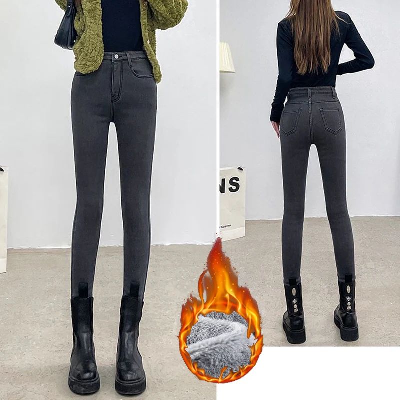 Winter Lady Thermal Plush Jeans Snow Warm Stretch Jeans Hot Sale High Waist Fleece Pants Female Straight Leg Denim Trousers