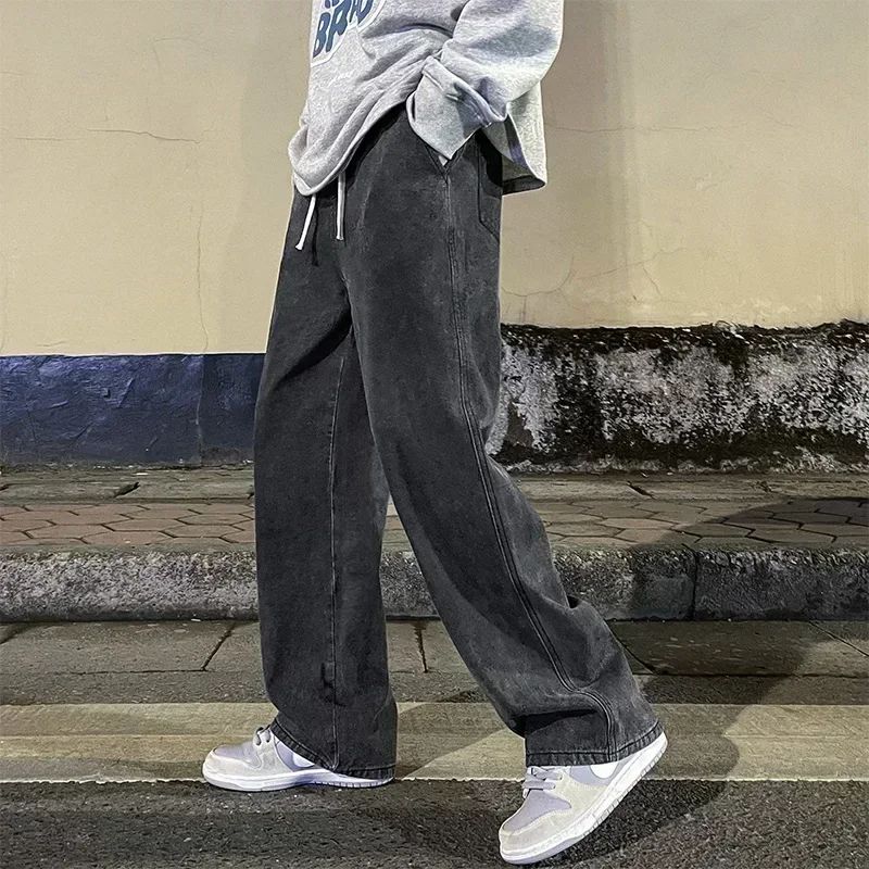 Spring Autumn New Men's Jeans Japanese Vintage Elastic Waist Casual Straight-leg Pants Trendy Wide-leg Trousers Loose Fit