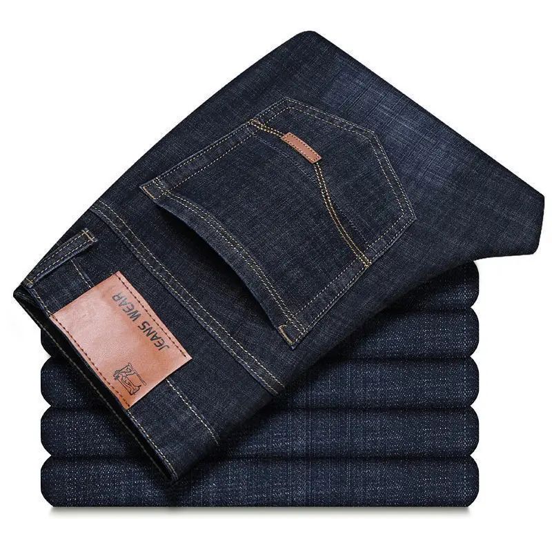 2025 Autumn Classic Men's Fitted Stretch Jeans Business Casual Cotton Denim Straight Leg Pants Male Black Blue Trousers