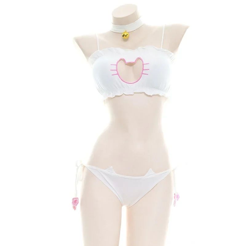 Anime Cute Cat Paw Bikini Swimsuit Costume Summer Beach Mini Lovely Cats Bell Swimwear Uniform Cosplay Cats Hollow Bra
