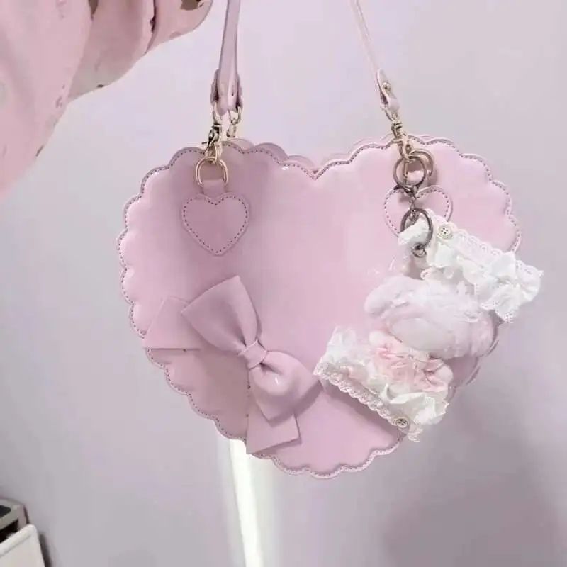 PU Heart Lolita Handbags Girls Bowknots Decor Japanese Shoulder Bags Two Sized Kawaii Shell Purses Cute Pink Messenger Bag Gifts