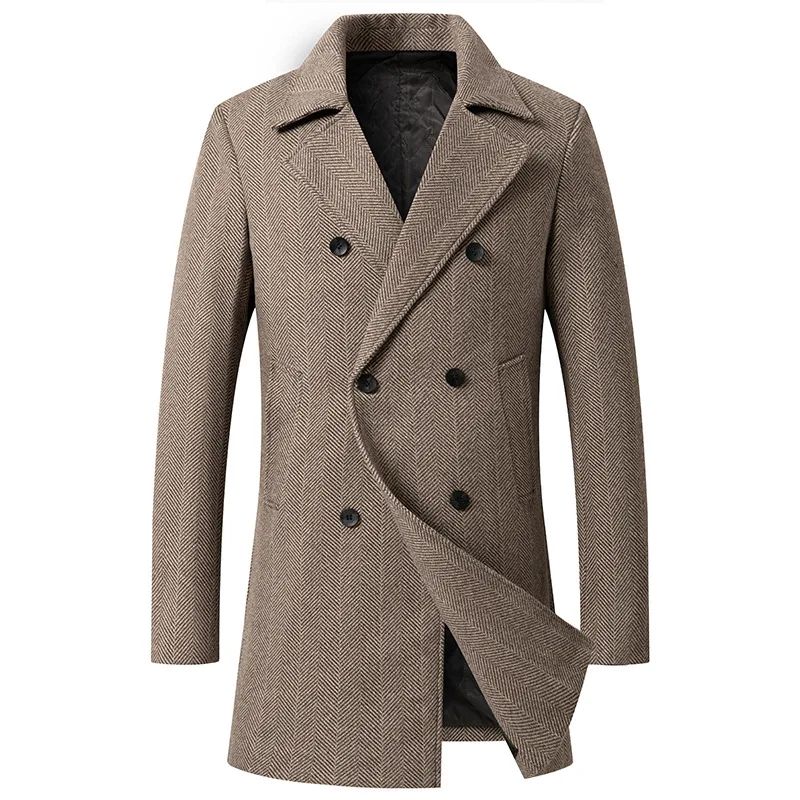Men Wool Overcoat New Vintage Tweed Long Jackets Business Formal Male Suit Blazer Lapel Herringbone Costume Home
