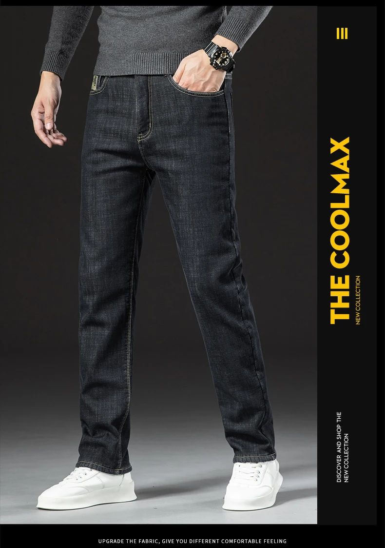 2025 New Classic Men's Business Casual Velvet Jeans Winter Chinese Embroidery Straight Loose Warm Thick Pants