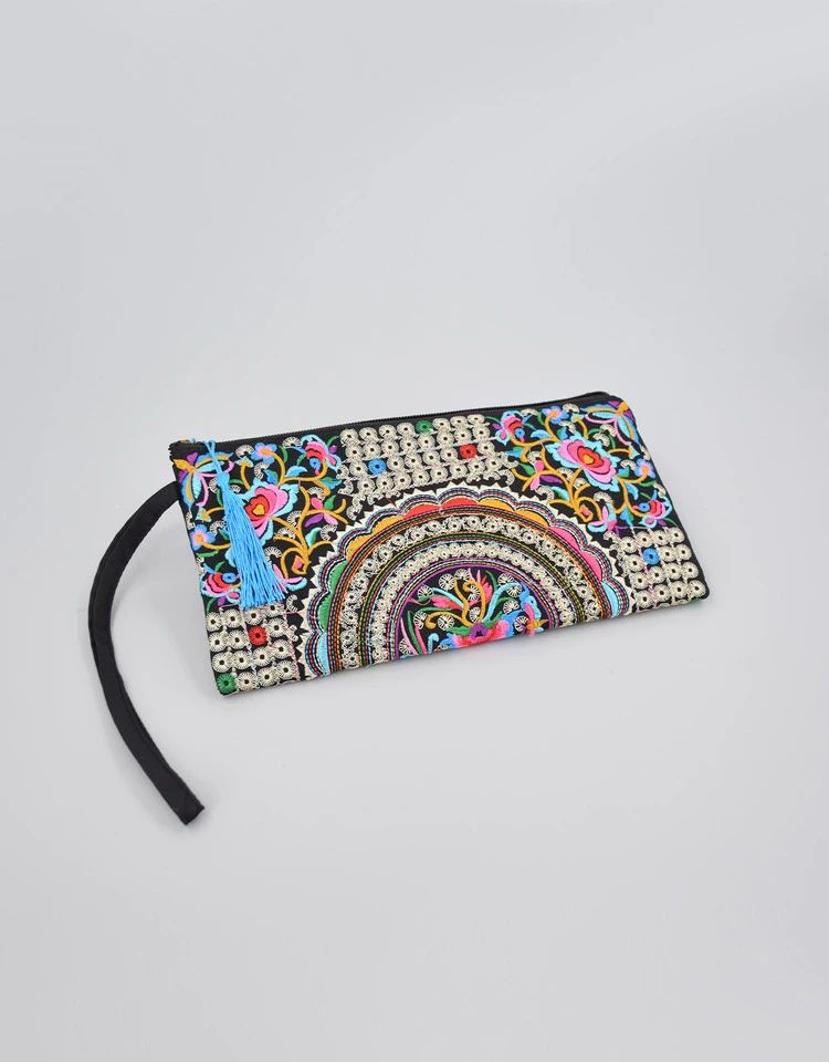 Ethnic Floral Embroidery Long Wallet Wristlet Clutch Bag Phone Vintage Embroidered Wristlet Clutch Evening Bag Wallets for Women