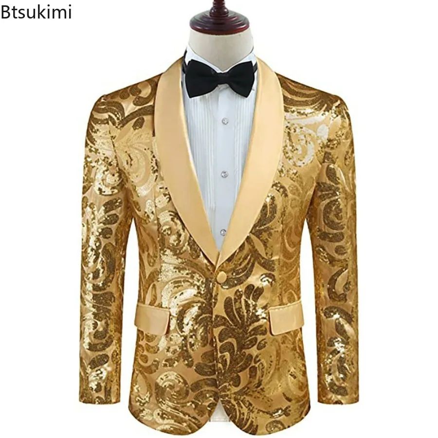 2025 Men's Shiny Gold Sequins Blazer Stylsih Shawl Collar One Button Tuxedo Floral Suit Jacket Party Wedding Groom Costume Homme