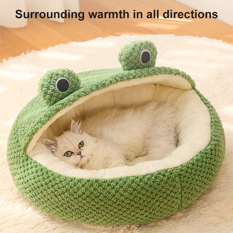 New Pet Nest Winter Warm Dog Den Cat Villa Plush Pets Mattress Small Frog Shape Semi Enclosed Kitten Puppy House Pet Supplies