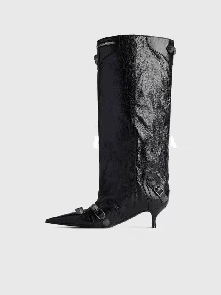 Women's Sexy Stiletto High Heels with Rivet Decoration, Wide Barrel Knee Length Boots, European and American Fashion Show Boots