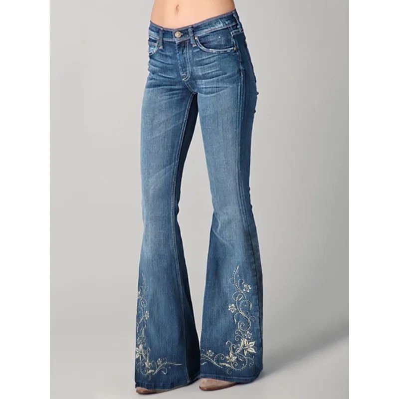 Women's Floral Embroidered High Waist Flared Jeans Vintage Boho Wide Leg Denim Pants for Party and Daily Outfits