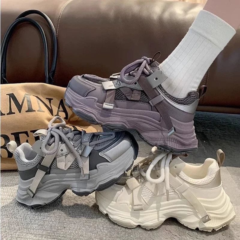 Women's Chunky Sneakers Breathable Mesh Platform Sports Shoes Woman Fashion Lace Up Thick Sole Casual Shoes Mujer