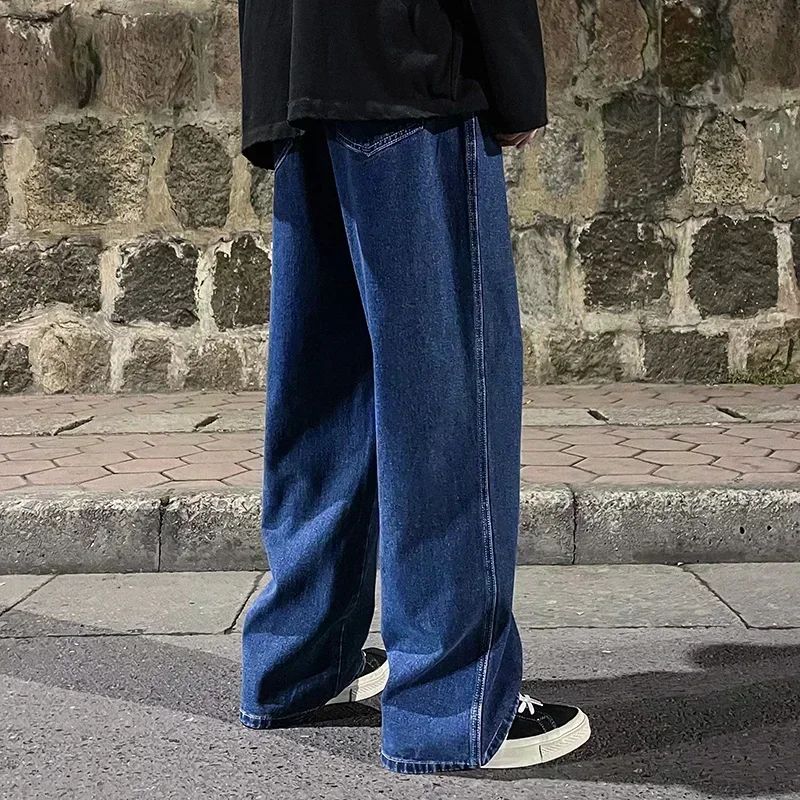 Men Straight Leg Blue Gray Loose Y2K Drawstring Jeans Streetwear Casual Wide Denim Pants Male Baggy Stylish Harajuku Trousers