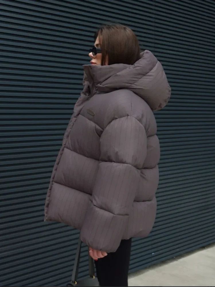 Women's Pinstripe Oversized Puffer Jacket Full Sleeve Detachable Hood Zipper Warm Coat 2025 Autumn Winter Female Casual Wear