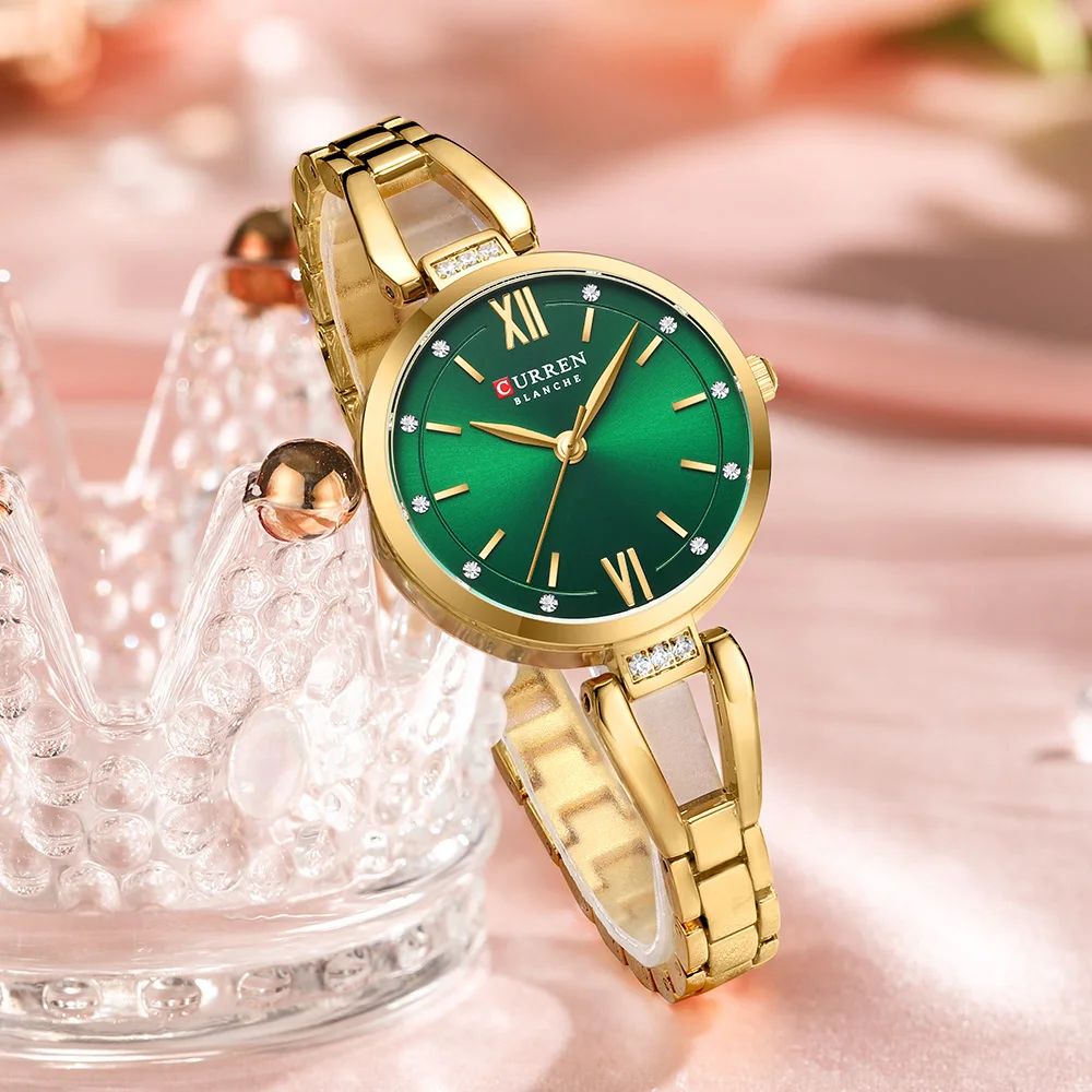 CURREN Luxury Elegance Ladies Watch with Sparkling Rhinestones Simple Quartz Stainless Steel Bracelet Wristwatch