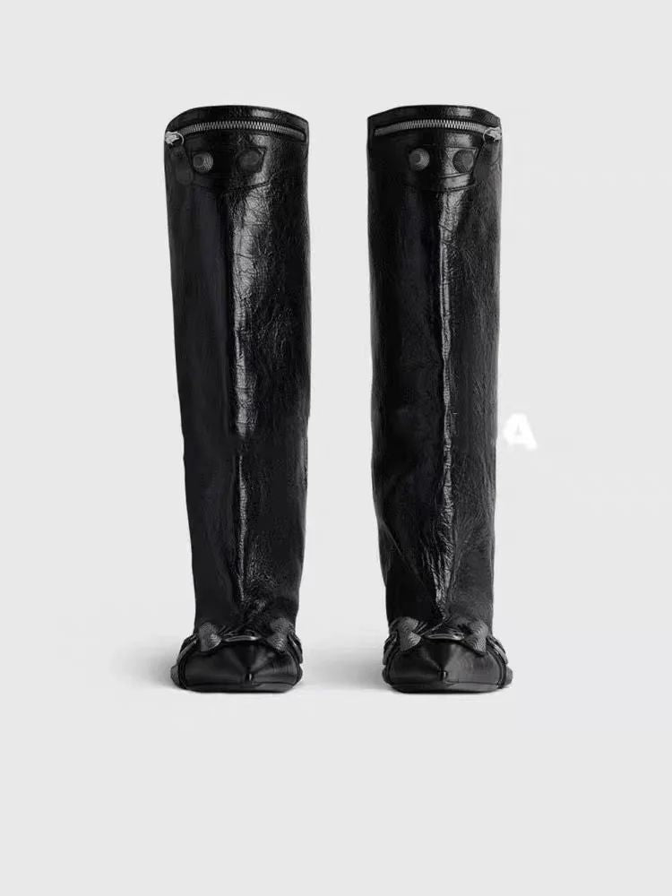 Women's Sexy Stiletto High Heels with Rivet Decoration, Wide Barrel Knee Length Boots, European and American Fashion Show Boots
