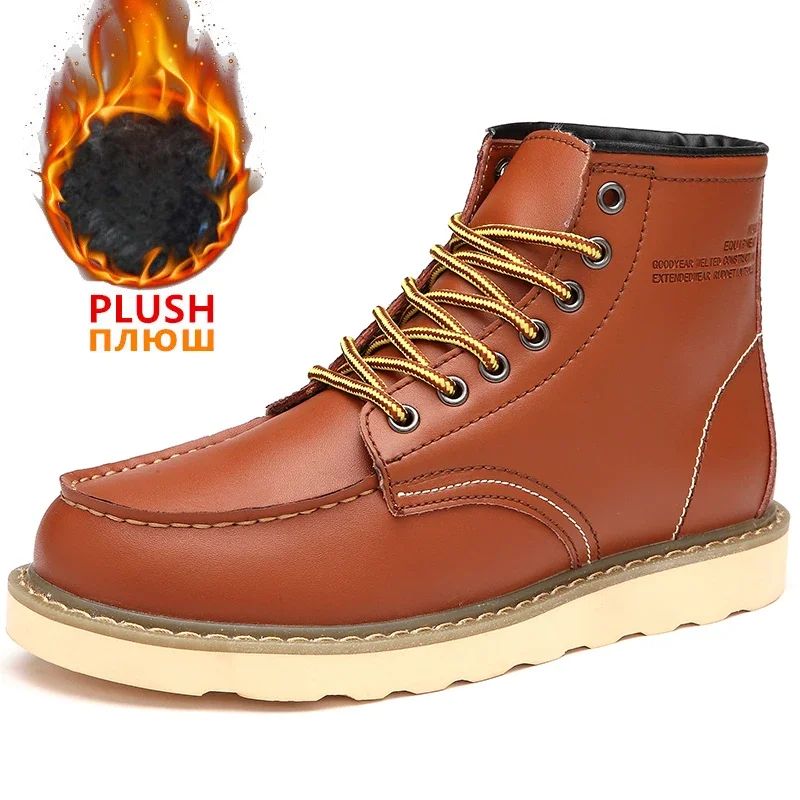 Winter Warm Men Boots Leather Mens Snow Boots with Fur Handmade Waterproof Male Ankle Boots No-slip High Top Male Work Shoes