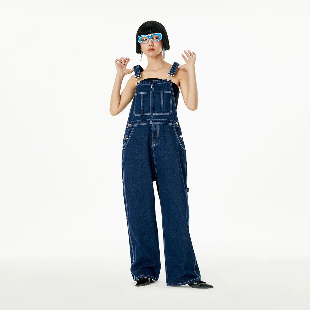 Retro Japanese Style Overalls Casual Straight Leg Workwear Jeans American Streetwear Couples Denim Overalls Loose Fit Men's Jean