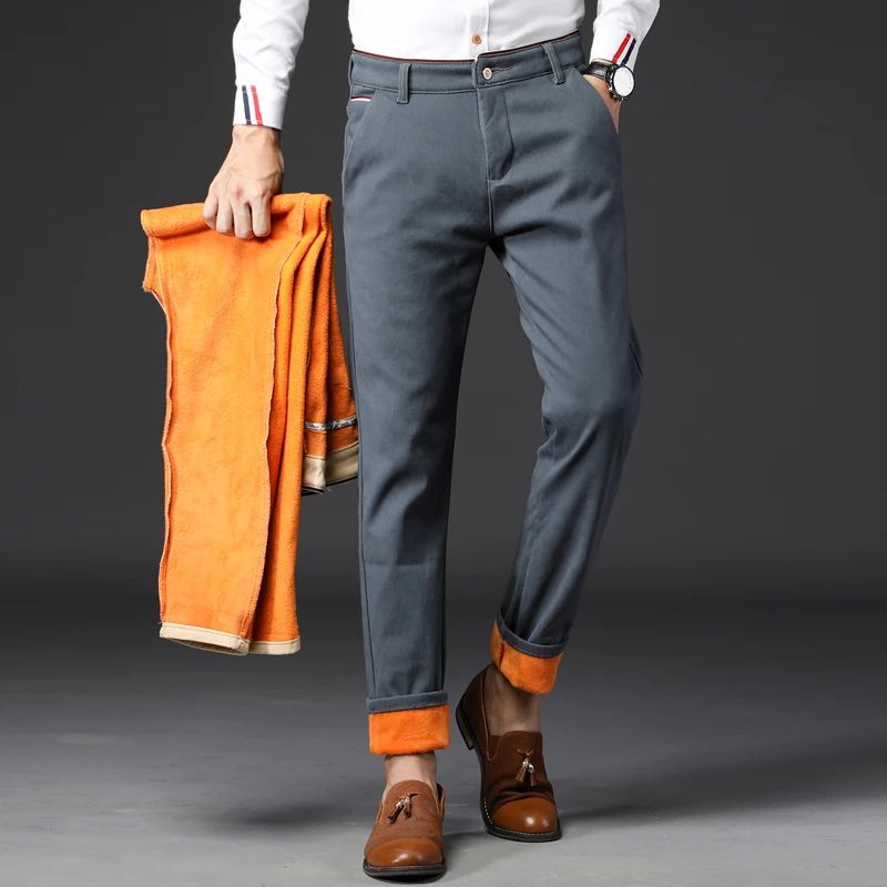 Winter Men Korean Fashion Straight Leg Pants Winter Snow Warm Thermal Thicken Casual Pants New Fleece Slim Fit Business Trousers