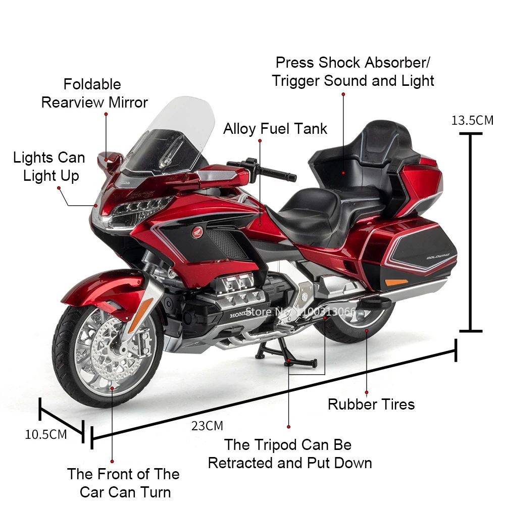 1:11 Honda Gold Wing GL800 2021 Motorcycles Models Cars Toys Rubber Tires with Light Music Miniature Model Toddler Kids Gifts