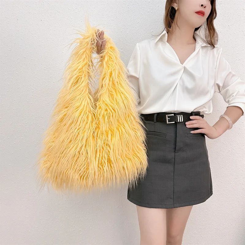 2025 NEW Wool Women's Plush Shoulder Bags Y2k Hot Girls Faux Fur Drawstring Bucket Bag Fashion Female Furry Purse Tote Handbags