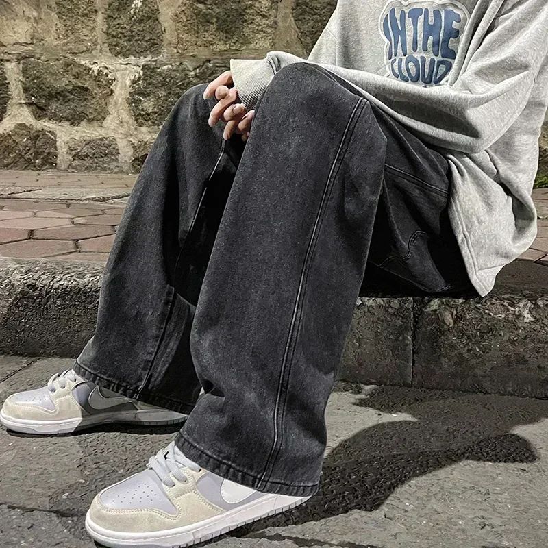 Spring Autumn New Men's Jeans Japanese Vintage Elastic Waist Casual Straight-leg Pants Trendy Wide-leg Trousers Loose Fit