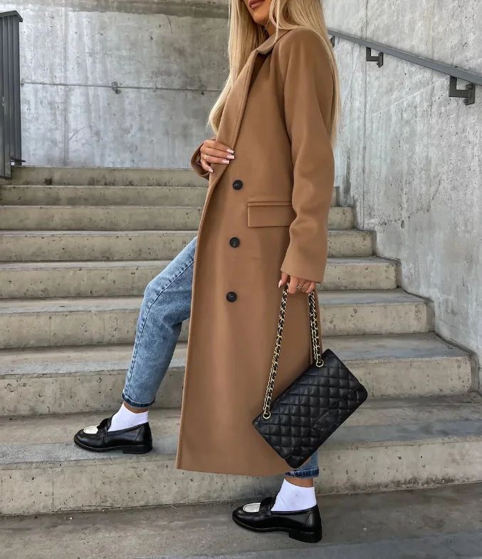 CPSYMYM Winter Coat for Women Autumn Double Breasted Simple Solid Lapel Long Sleeved Split Long Woolen Cloth Jacket Coa